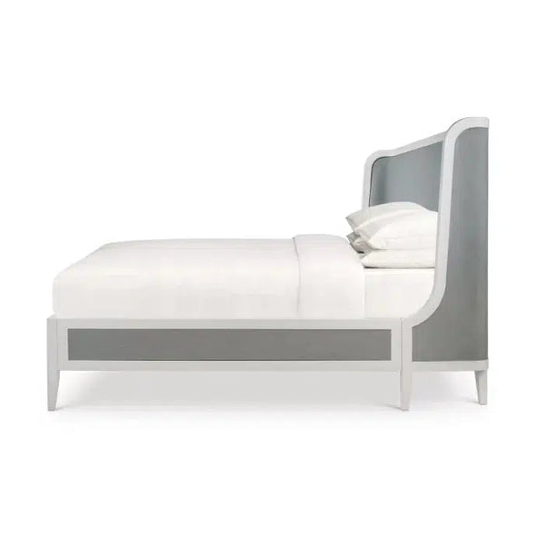 Bramble Mornington King Upholstered & Linen Wrapped Bed W/ True White Frame Yuko Sky Performance Fabric & Pale Blue Linen-Bramble-Blue Hand Home