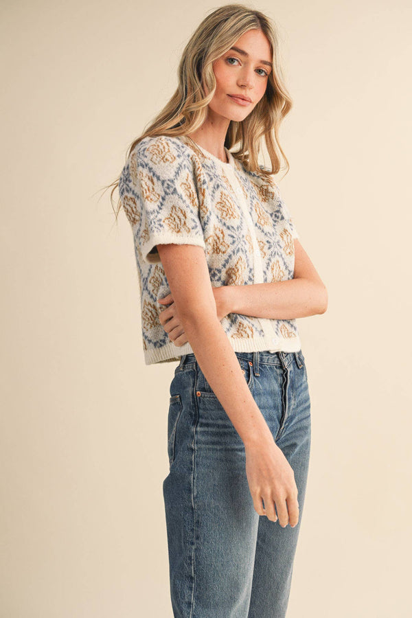 FLORAL SHORT SLEEVE SWEATER CARDIGAN MSW11258-Blue Hand Home