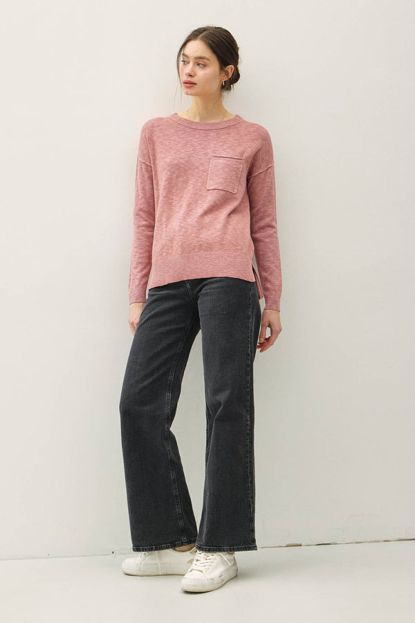 SLUB YARN ROUND NECK SWEATER WITH CHEST POCKETS-Blue Hand Home