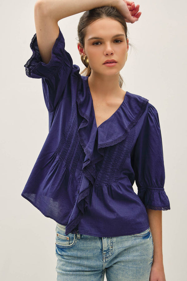Vintage Ruffled Pintuck Blouse Top-Blue Hand Home