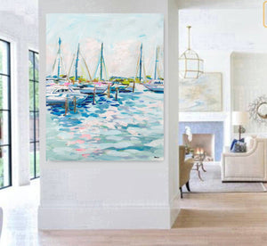Sailboats Print on Paper, "Marina at Dusk"-Blue Hand Home