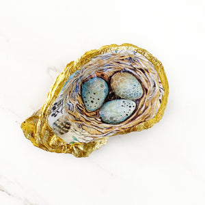 Robin's Egg Decoupage Oyster Shell Trinket Ring Dish-Blue Hand Home