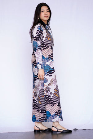 Edo Landscape Maxi Shirt Dress - Blue/Black