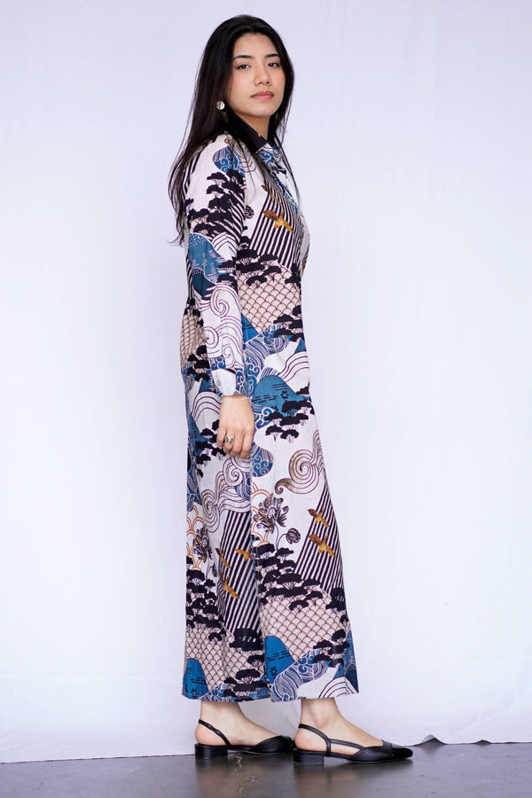 Edo Landscape Maxi Shirt Dress - Blue/Black