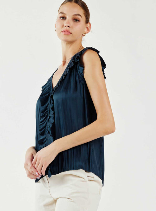 Button Front Pleated Blouse-Blue Hand Home