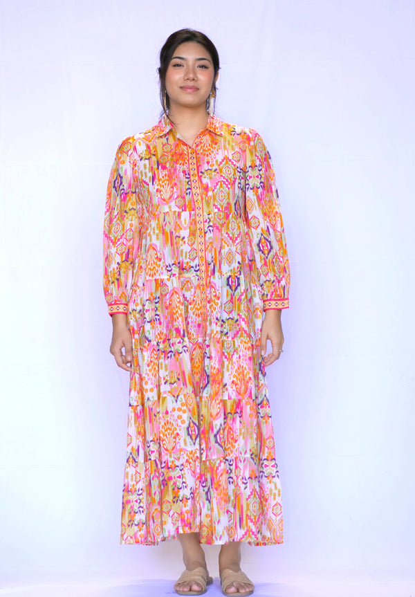 Demi Ikat Dress Gold Multi -Blue Hand Home