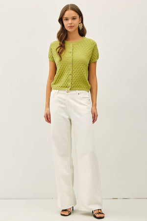 POINTELLE STITCH SHORT SLEEVE CARDIGAN-Blue Hand Home