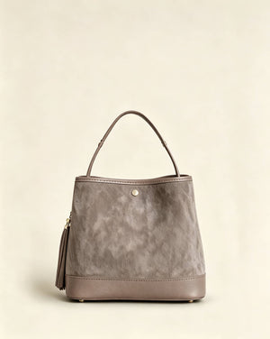 Large Suede Bucket Bag With Genuine Leather Details
