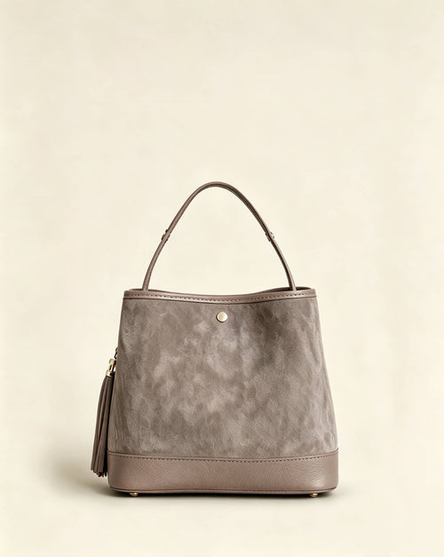 Large Suede Bucket Bag With Genuine Leather Details