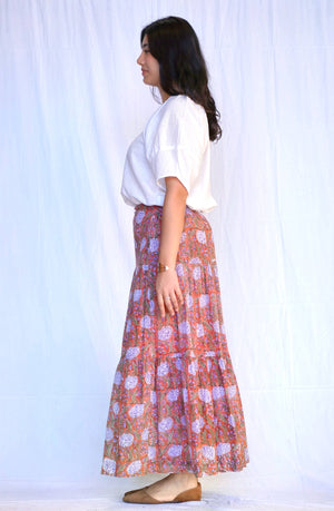 Block Printed Tiered Cotton Skirt Brown Multi -Blue Hand Home