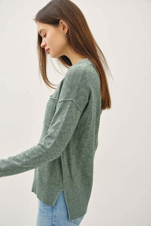 SLUB YARN ROUND NECK SWEATER WITH CHEST POCKETS-Blue Hand Home