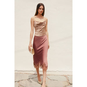 Dull Satin Lace Hem Pencil Skirt-Blue Hand Home