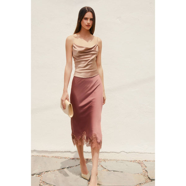 Dull Satin Lace Hem Pencil Skirt-Blue Hand Home