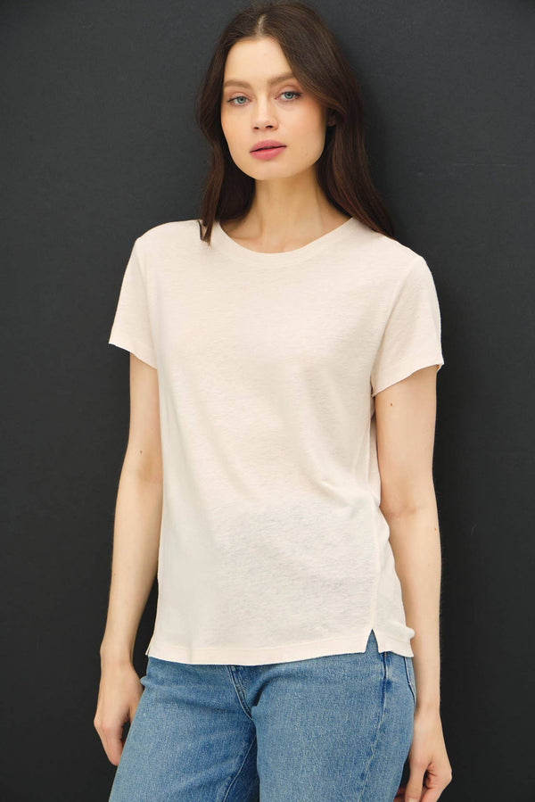 LINEN CLASSIC ROUND NECK SPLIT HEM T-SHIRT-Blue Hand Home