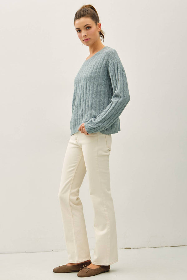 OVERSIZED BOXY CUT CABLE KNIT SWEATER-Blue Hand Home