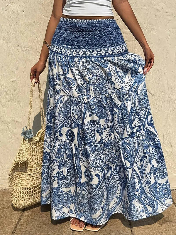 Smocked Elastic Beach Paisley Print Tiered Maxi Skirt-Blue Hand Home