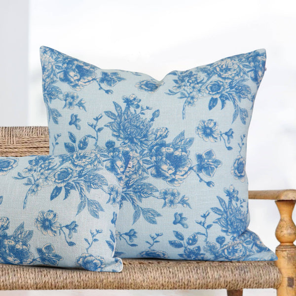 Serenity Toile de Jouy Roses Pillow Cover –Sky Blue, Vintage-Blue Hand Home