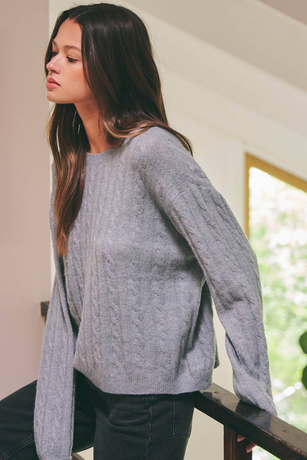 OVERSIZED BOXY CUT CABLE KNIT SWEATER-Blue Hand Home