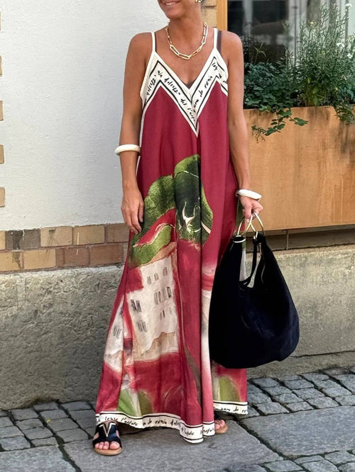 Unique Ink Landscape Print Slip Maxi Dress-Blue Hand Home