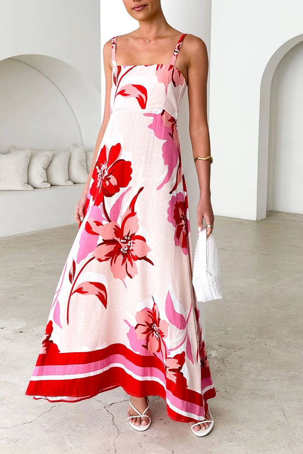 2025 summer Tropical hibiscus floral print flare swing dress-Blue Hand Home