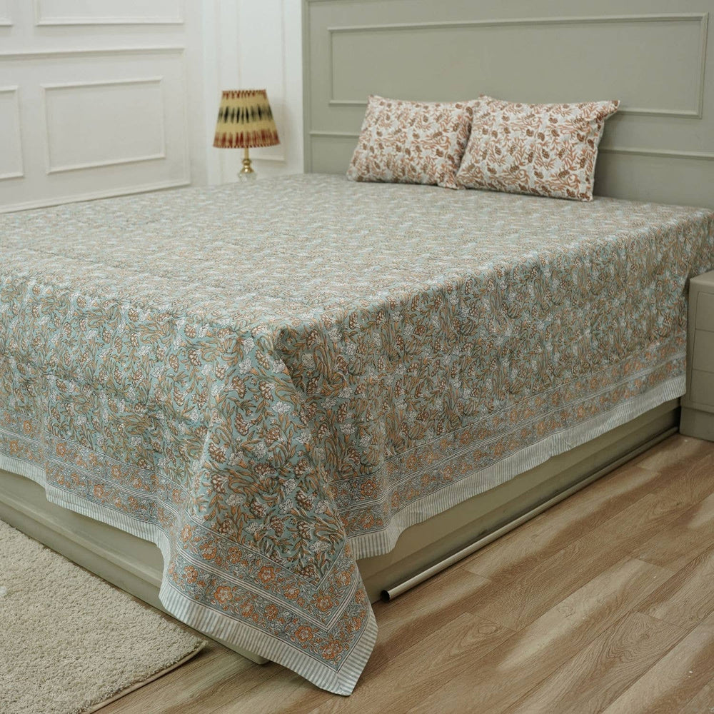 Bohemian Block Bedsheet With Pillow Cover -Throny Stems-Blue Hand Home