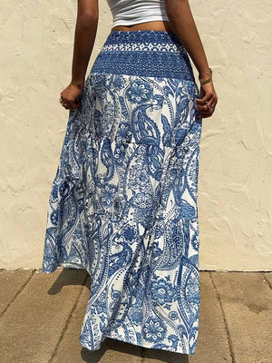 Smocked Elastic Beach Paisley Print Tiered Maxi Skirt-Blue Hand Home