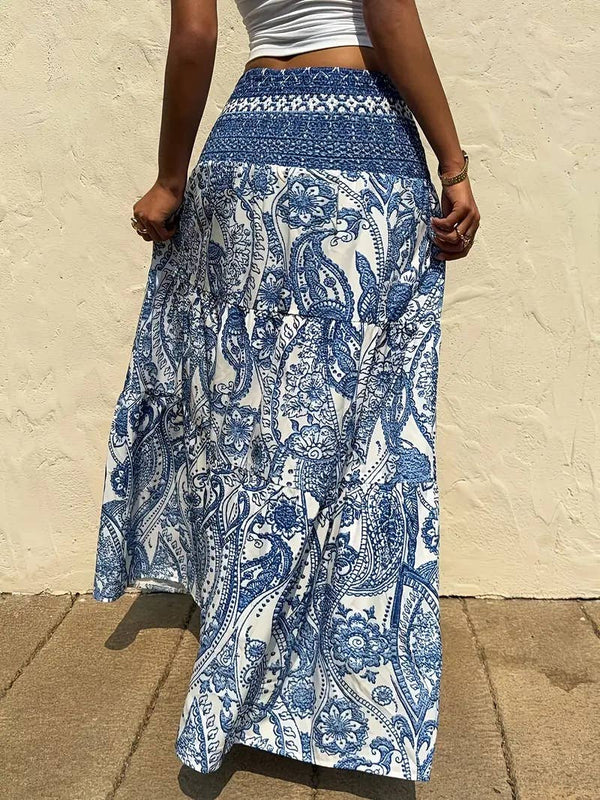Smocked Elastic Beach Paisley Print Tiered Maxi Skirt-Blue Hand Home