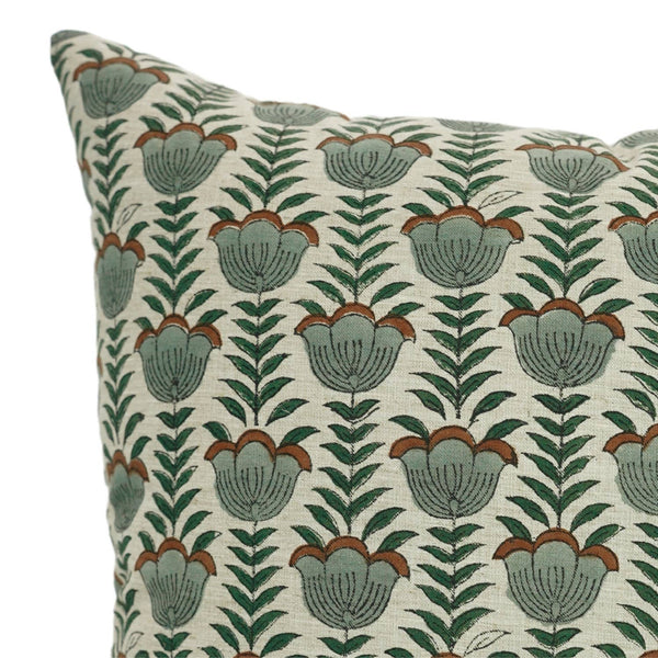 Unique Block Print Linen Blend Pillow Cover - Lotus-Blue Hand Home