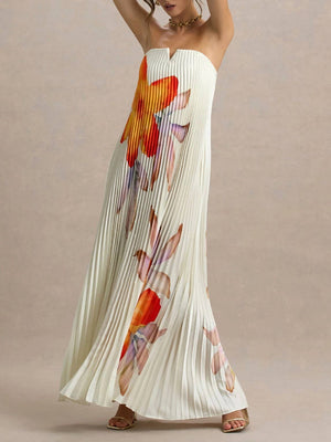 Bergamot Floral Pleated Sweetheart Neck Maxi Dress-Blue Hand Home