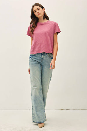 Garment Dyed Cotton Slub Half Sleeve Crop Top