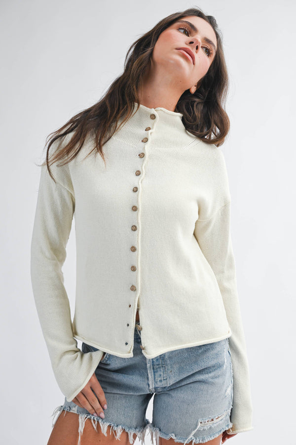 5221HK Button Front Cropped Knit Cardigan-Blue Hand Home