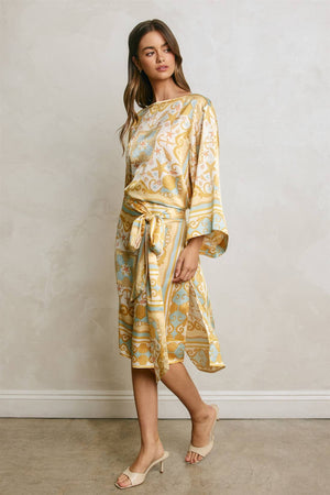 Conversational Scarf Satin Sash Kaftan Dress-Blue Hand Home