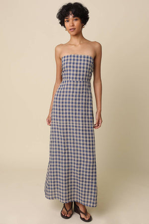 Mollie Gingham Strapless Linen Maxi Dress-Blue Hand Home