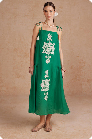 Floral Embroidered Sleeveless Tassel Tie Strap Midi Dress
