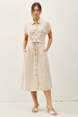 BUTTON UP MIDI DRESS W/ UTILITY STYLE POCKETS-Blue Hand Home