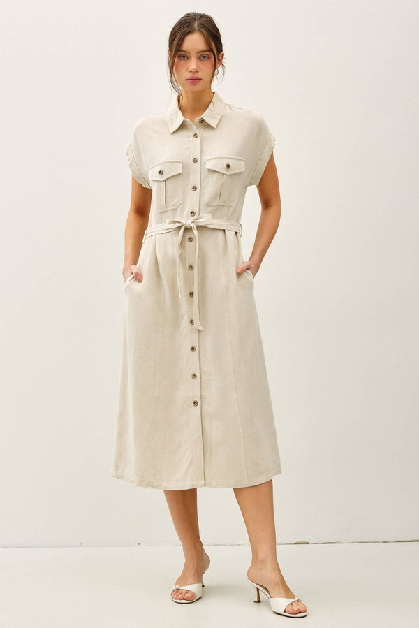 BUTTON UP MIDI DRESS W/ UTILITY STYLE POCKETS-Blue Hand Home
