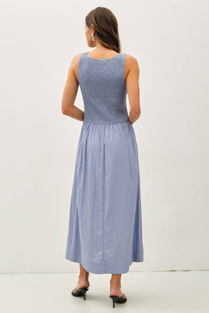 Smocked Bodice Boatneck Tank Midi Dress-Blue Hand Home