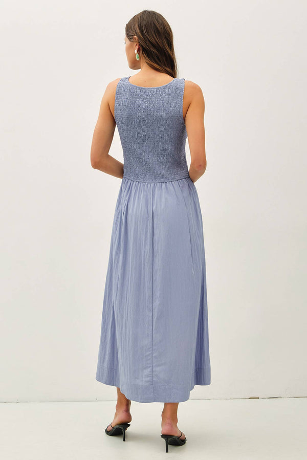 Smocked Bodice Boatneck Tank Midi Dress-Blue Hand Home