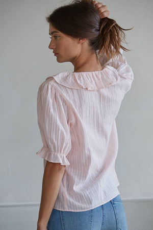 L8439 | Woven Cotton Buttondown V-Neck Short Sleeve Top