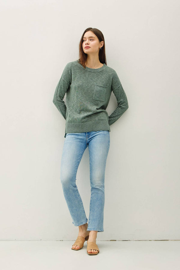 SLUB YARN ROUND NECK SWEATER WITH CHEST POCKETS-Blue Hand Home