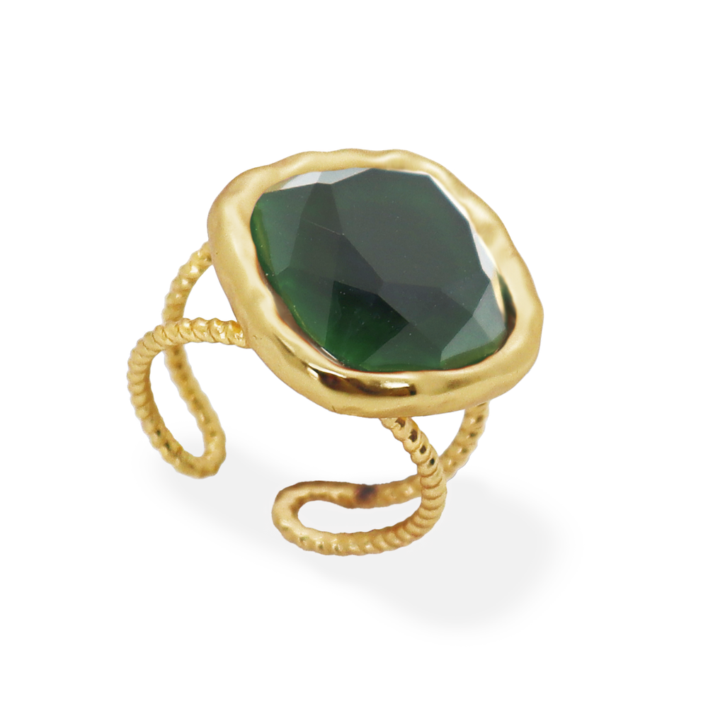 Bezel Iridescent Glass Ring  - 24K Gold Plated