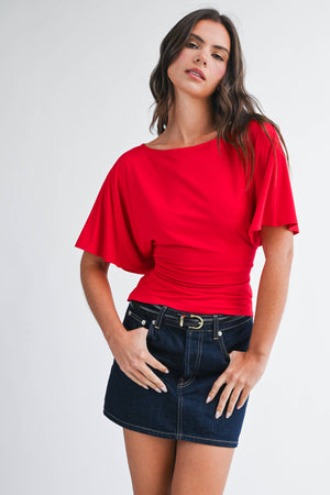 8654hk Draped Short Sleeve Back Tie Top Tee