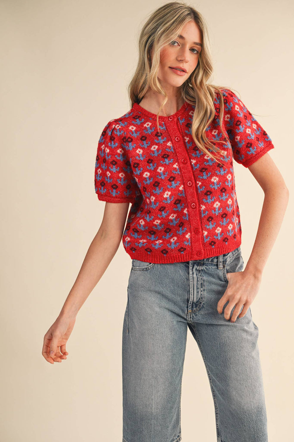 FLORAL SHORT SLEEVE SWEATER CARDIGAN MSW11259-Blue Hand Home
