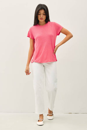 LINEN CLASSIC ROUND NECK SPLIT HEM T-SHIRT-Blue Hand Home