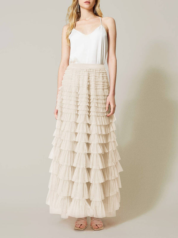 Elastic waist ruffle tulle maxi skirt-Blue Hand Home