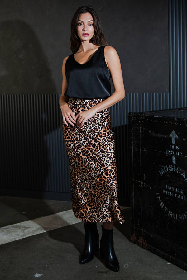 Leopard Print Stretch Satin Midi Skirt-Blue Hand Home