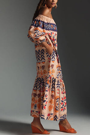 Vintage Print One-Shoulder Baggy Dress-Blue Hand Home