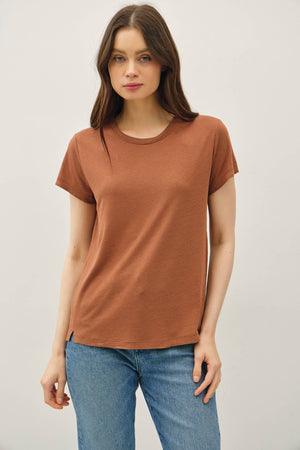 LINEN CLASSIC ROUND NECK SPLIT HEM T-SHIRT-Blue Hand Home