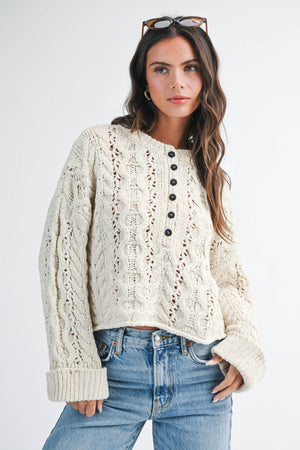 3463hk Textured Cropped Henley Knit Sweater