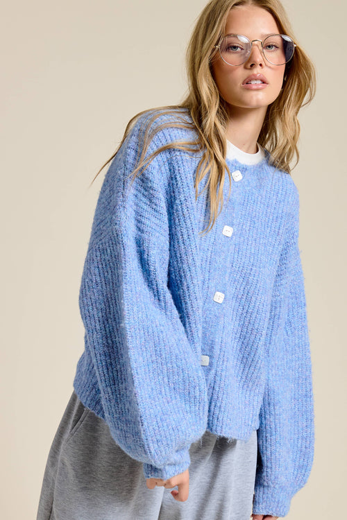 Balloon Sleeve Knit Cardigan-Blue Hand Home